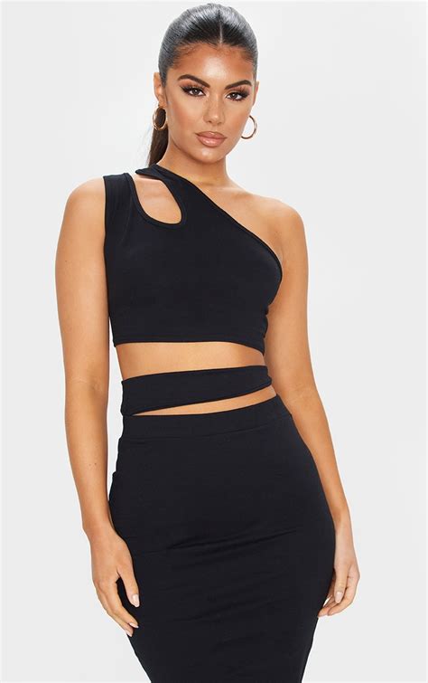 Black Cotton One Shoulder Cut Out Crop Top Prettylittlething Ca