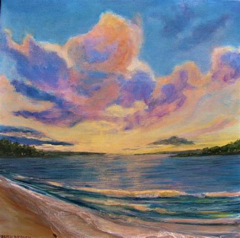 Beach Sunset Painting With Clouds Romantic Pink Purple Cloud Sunset