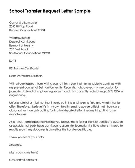 School Transfer Request Letter Examples 14 Free Templates