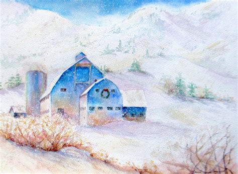 Farm Winter Snow Original Watercolor Painting Landscape Barn