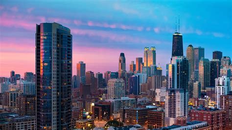 Download City Chicago Sunset Skyscrapers Wallpaper Background 4k