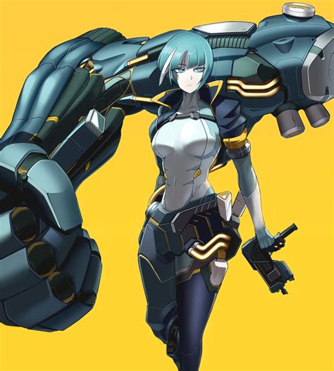 Safebooru 1girl Aqua Eyes Aqua Hair Cyberpunk Cyborg Extra Arms Gun Highres Holding Holding