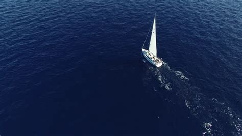 Aerial Shot Of Yacht Sailing On Lagoon Sailing Boat Yacht From Drone