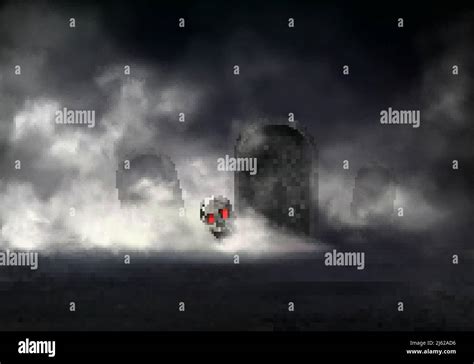 Horror On Old Cemetery At Foggy Night Realistic Vector Zombie Head