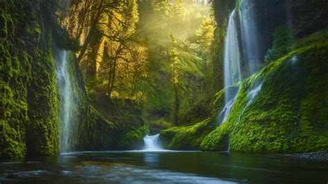 Green And Black Covered Mountains And Waterfalls Near Trees During