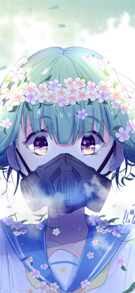 Download 1125x2436 Anime Girl Gas Mask Flowers Short Hair School