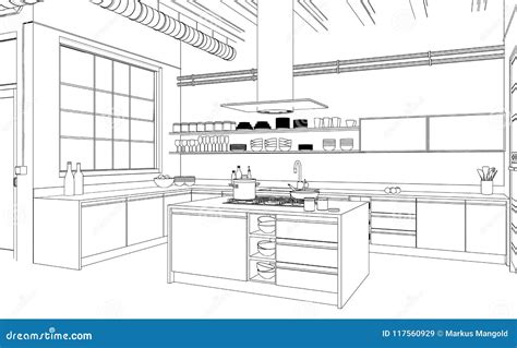 Interior Design Modern Kitchen Drawing Plan Stock Illustration