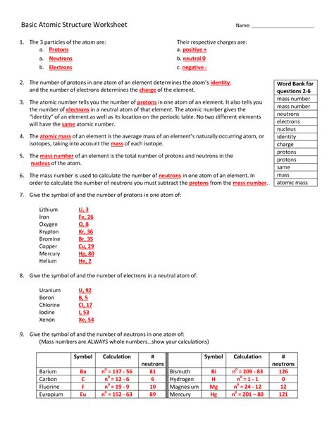 Worksheet Atomic Structure Answer Key Escolagersonalvesgui