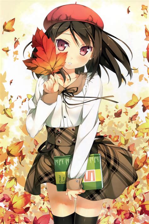 Safebooru 1girl Absurdres Autumn Autumn Leaves Bangs Black Legwear Black Ribbon Blush Book