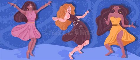 eccentric beautiful three women in a joyful rhythm dancing and listening to music the concept