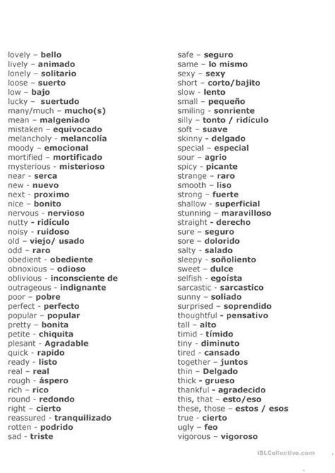 Spanish Worksheets Adjectives