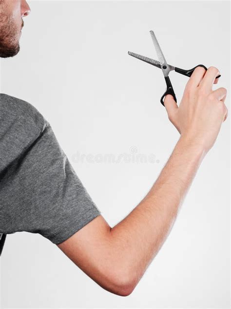 Man With Scissors Texturizing Or Thinning Shears Stock Image Image Of