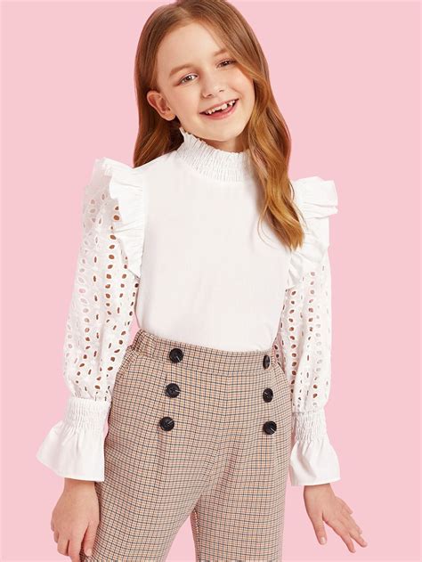Girls Ruffle Trim Eyelet Embroidered Smocked Top Shein Usa In 2021