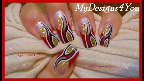 Abstract French Tip Nail Art Red And Gold Nails ♥ Youtube