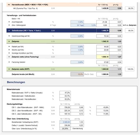 Kosten Und Preiskalkulation Für Mischungen Und Komponenten In Excel