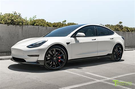Pearl White Tesla Model 3 Performance With Carbon Fiber Front Apron L