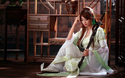 Hd Wallpaper Asian Brunette Costumes Katana Sword Women