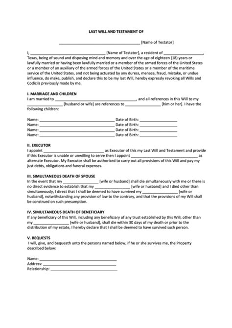Our free last will and testament form can assist you in compiling a document or to structure a brief for your attorney. Last Will And Testament Form - Texas printable pdf download
