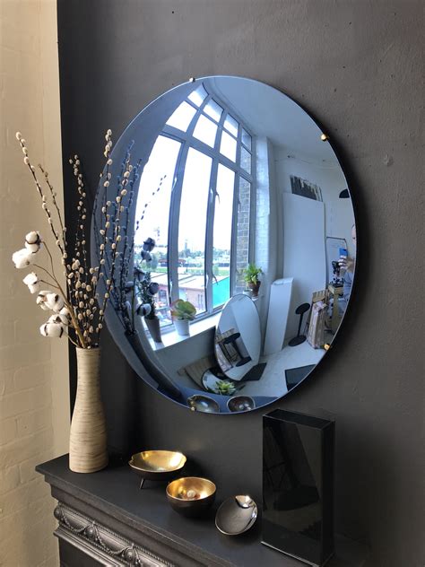 Orbis Round Blue Tinted Convex Frameless Mirror With Brass Clips