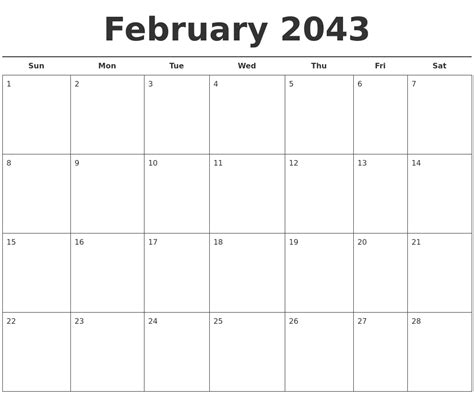 February 2043 Free Calendar Template