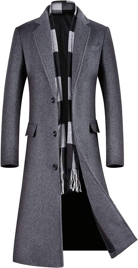 Ebossy Mens Wool Blend Full Length Overcoat Single Breasted Long Coat