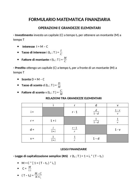 Formulario Di Matematica Finanziaria Operazioni E Grandezze Elementari
