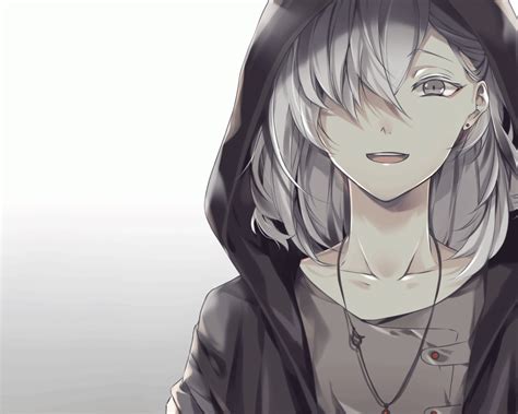 His hair is styled in a front fringe. Download 1280x1024 Anime Boy, White Hair, Hoodie, Smiling, Necklace, Gray Eyes Wallpapers ...