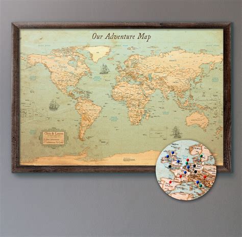 Large Personalized Push Pin World Map 24x36 Rustic