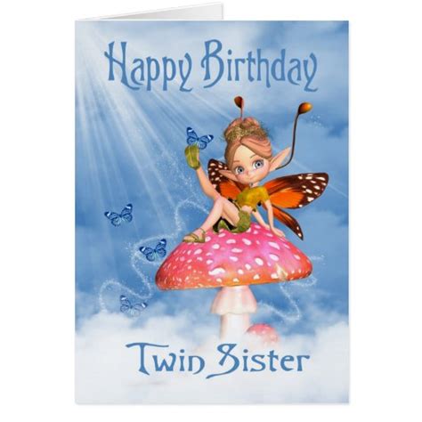 Twin Sister Birthday Card Cute Fairy On A Mushro Zazzle