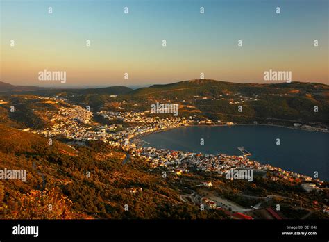 Panoramic View Of Samos Town Vathi Around Sunset Samos Island