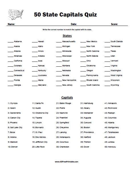 States And Capitals Test Worksheet