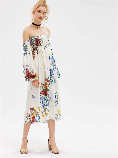 Shirred Off The Shoulder Floral Dress Sheinsheinside