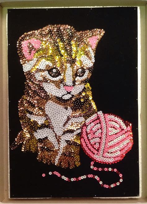 Sequin Art Kitten With Wool Bead Art Puppy Crafts Dot Art Painting
