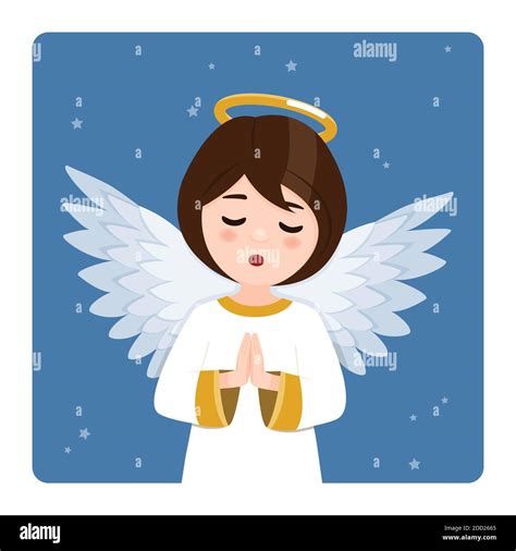 Foreground Praying Angel On Blue Sky And Stars Background Flat Vector