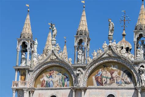 Upper Part Of Facade Of San Marco Basilica In Venice Stock Photo