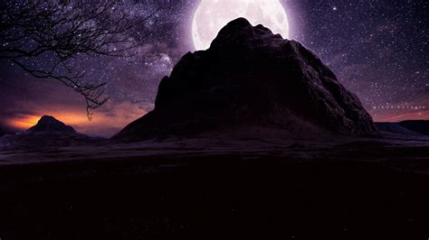 Full Moon Over Mountain On Starry Night Hd 4k Wallpaper