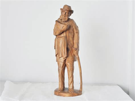 Vintage Hand Carved Wooden Statue Man With Cane Traveler Etsy