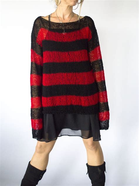 Red Black Striped Sweater With Long Sleeves 90s Grunge Clothing Loose