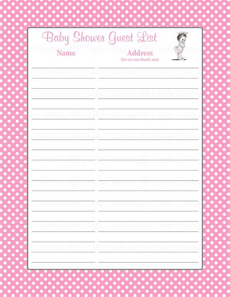 Baby shower gift list pdf. Baby Shower Guest List Set - Princess Baby Shower Theme ...