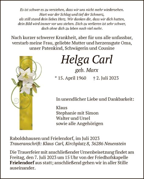 Traueranzeigen Von Helga Carl Trauer Hna De