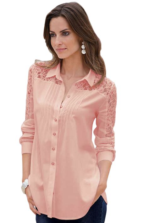 Wholesale Pink Lace Splice Long Sleeve Button Down Shirt