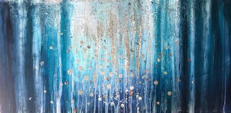 Abstract Waterfall Blue Turquoise Painting With Glitter Midnight Blues