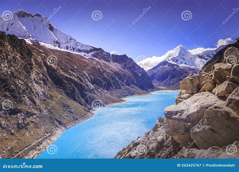Turquoise Paron Lake In Cordillera Blanca Snowcapped Andes Ancash