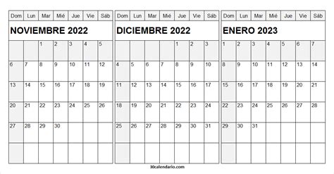 Calendario Noviembre Diciembre 2022 Enero 2023 Chile