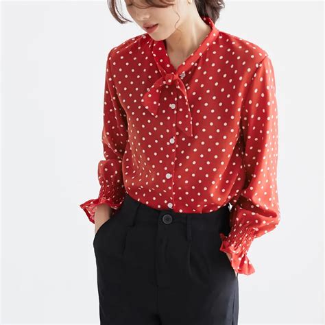 qiukichonson polka dot lantern sleeve chiffon blouse korean fashion 2019 spring bowknot design