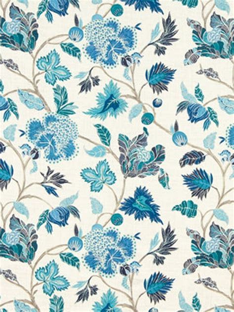Modern Floral Linen Fabric Teal And Navy Floral Upholstery Fabric