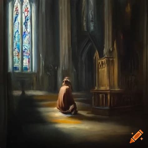 Oil Painting Of A Man Praying In A Dark Cathedral
