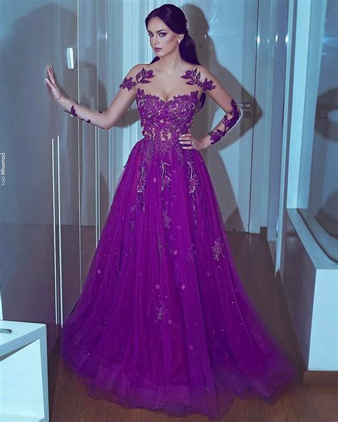 Modest Women Formal Evening Dresses With Illusion Long Sleeve Purple