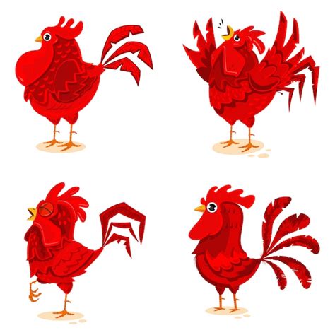 Red Roosters Vector Cartoon Characters Set Isolated Premium Vector