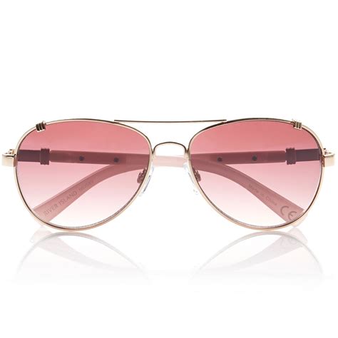 River Island Gold And Pink Tinted Aviator Sunglasses In Gold Lyst